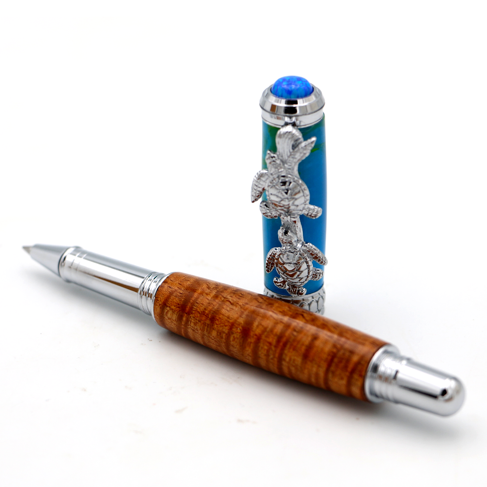 Premium Curly Hawaiian Koa Honu Pen - Chrome