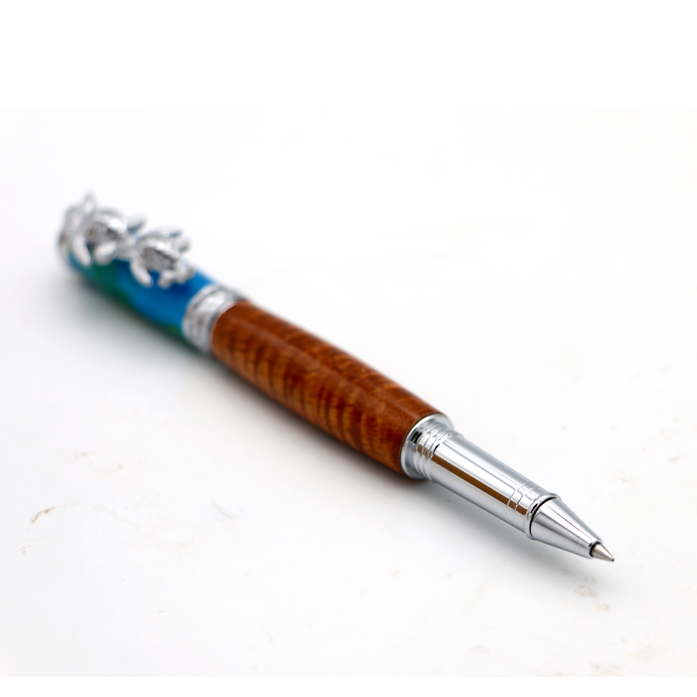 Premium Curly Hawaiian Koa Honu Pen - Chrome