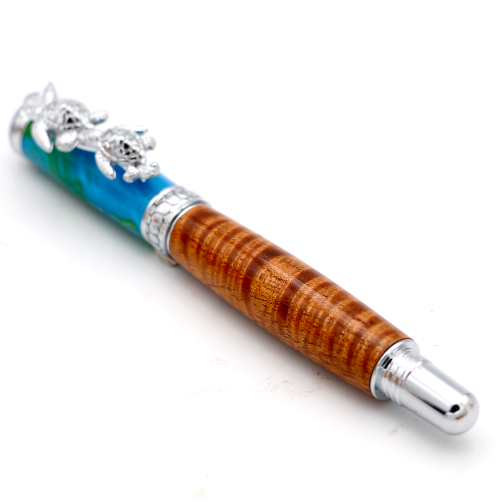 Premium Curly Hawaiian Koa Honu Pen - Chrome