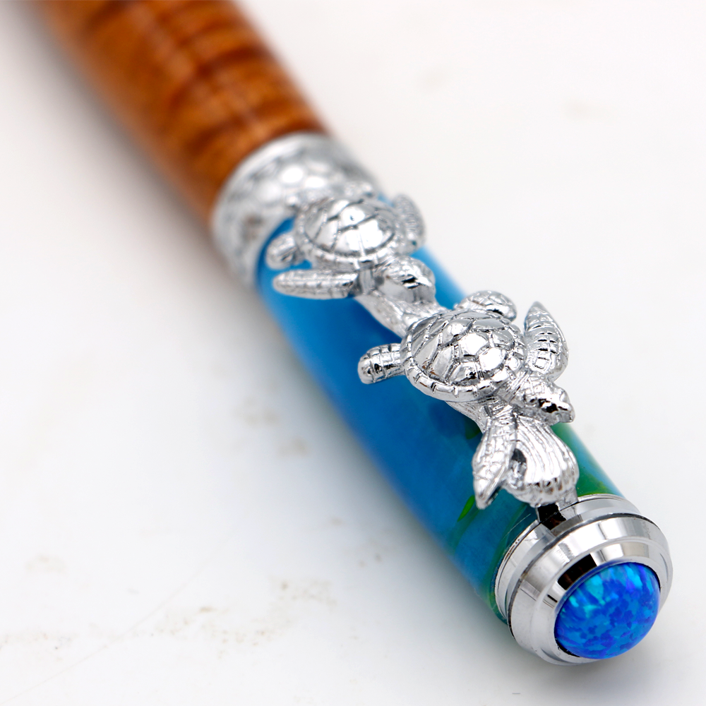 Premium Curly Hawaiian Koa Honu Pen - Chrome