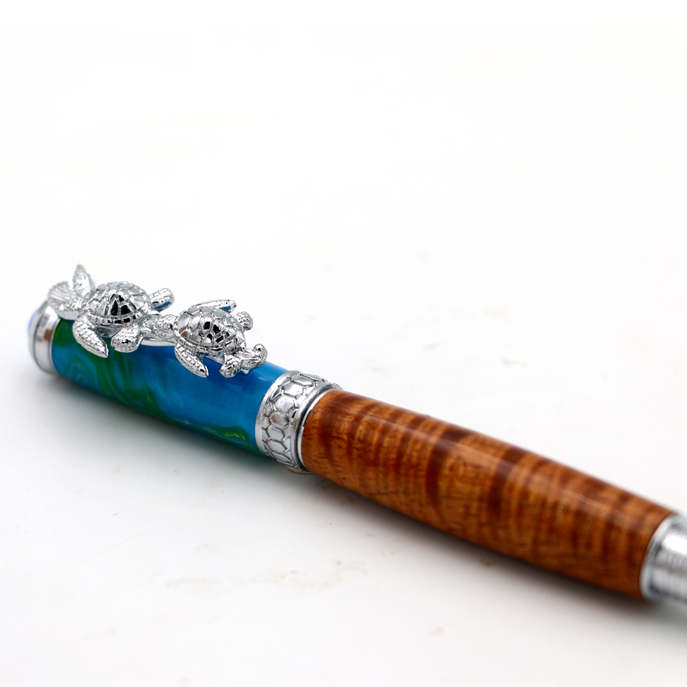 Premium Curly Hawaiian Koa Honu Pen - Chrome