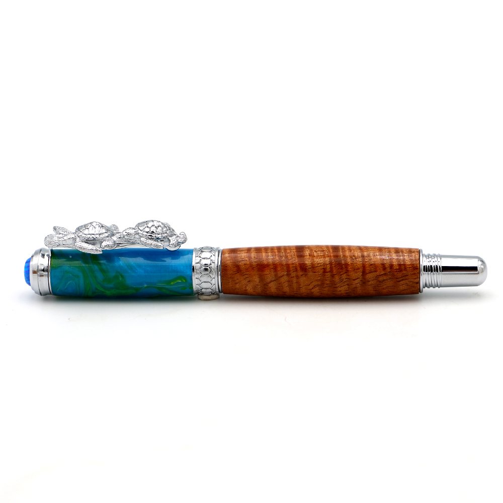 Premium Curly Hawaiian Koa Honu Pen - Chrome