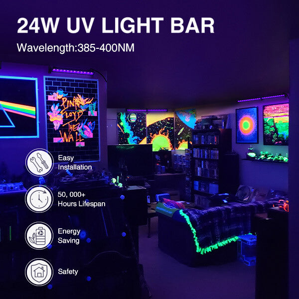 4 Pack 24W LED UV Black Light Bar with 5ft Power Cord, IP66 Waterproof Blacklight with Plug and Switch.
