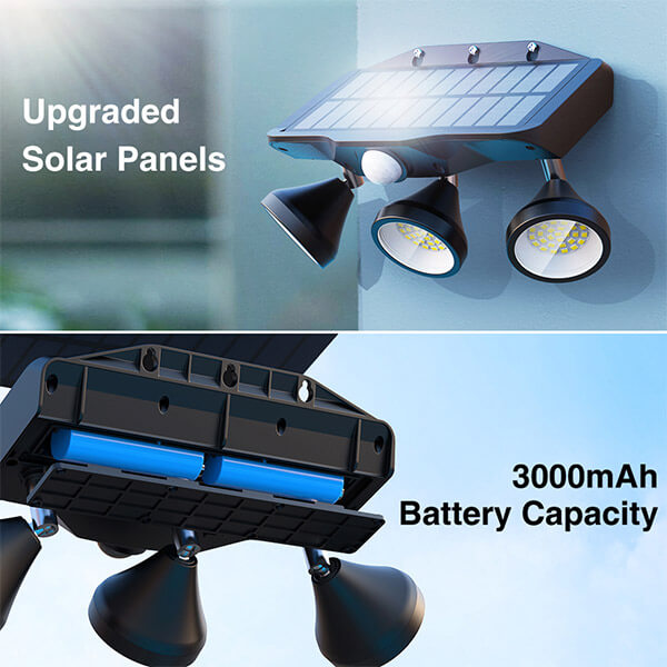 LED Solar Motion Sensor Light, 2000LM IP65 Waterproof Solar Wall Light with 3 Adjustable Heads, 2Pack 3000mAh Solar Flood Light with 3 Modes.
