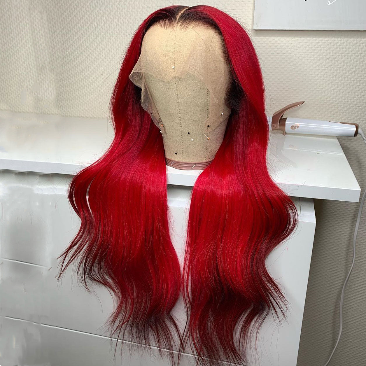 Peruvian Hair Lace Front Wig Red with Black Root Color Body Wavy Fashion Style