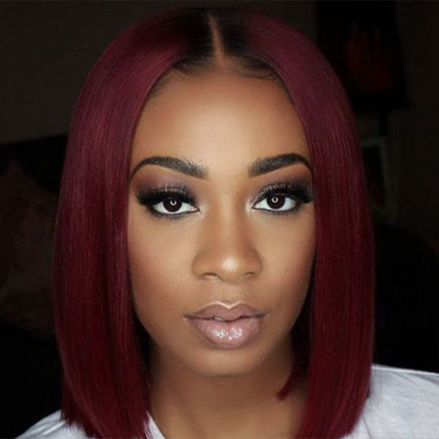 Brazilian Hair Burgundy With Black Root Color Straight Lace Front Bob Wig