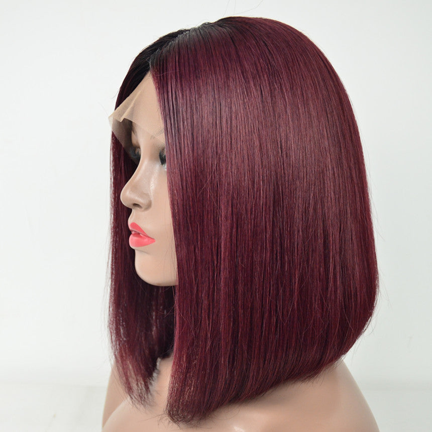 Brazilian Hair Burgundy With Black Root Color Straight Lace Front Bob Wig