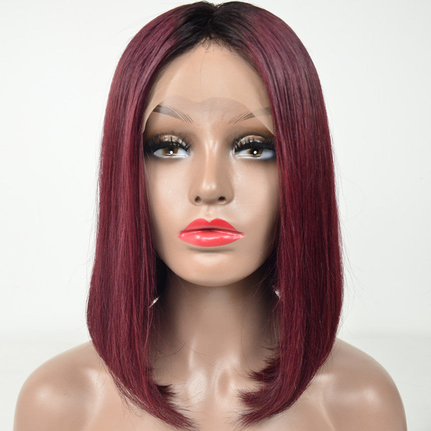 Brazilian Hair Burgundy With Black Root Color Straight Lace Front Bob Wig