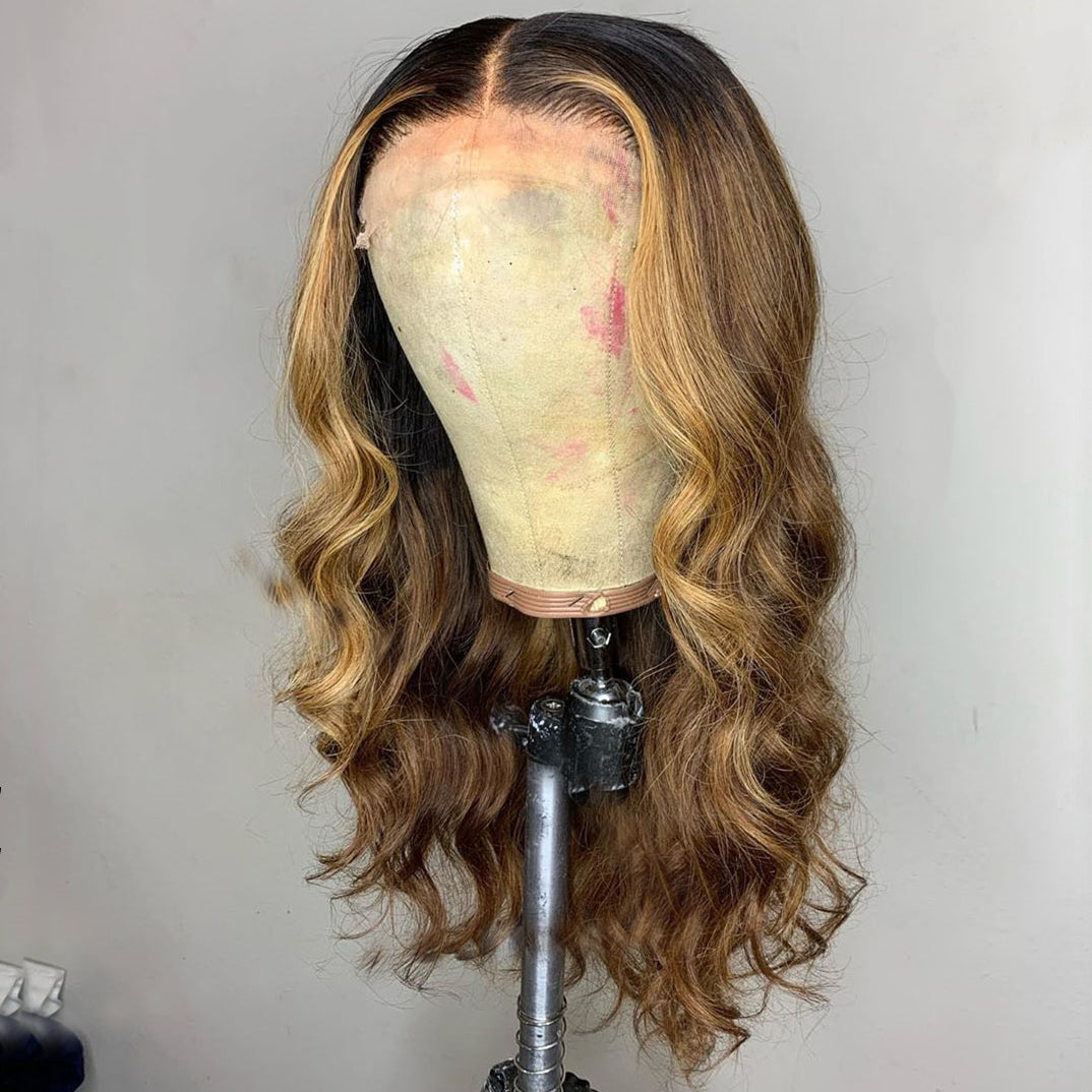 Peruvain Hair Brown and Blond with Black Root Ombre Body Wavy Lace Front Wig