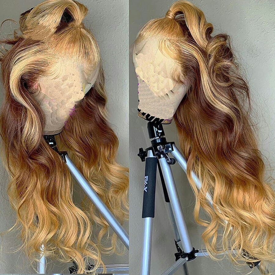 Peruvian Hair Blond with Brown Color Natural Wavy Lace Front Wig