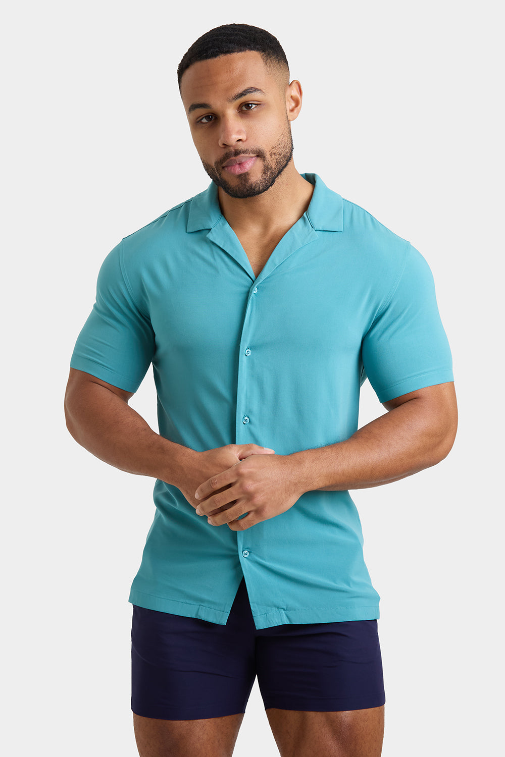 Athletic Fit Short Sleeve Viscose Shirt in Teal