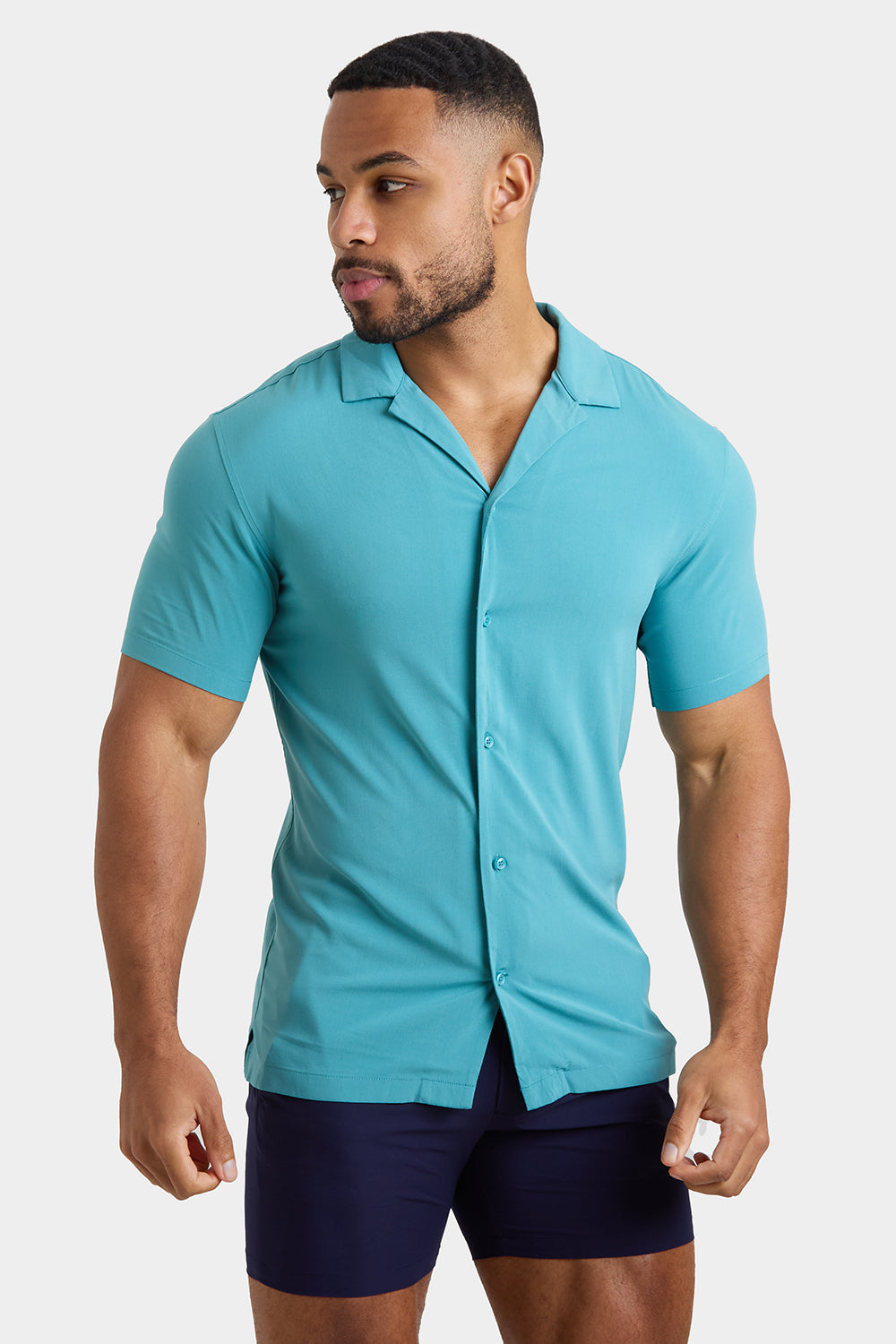 Athletic Fit Short Sleeve Viscose Shirt in Teal