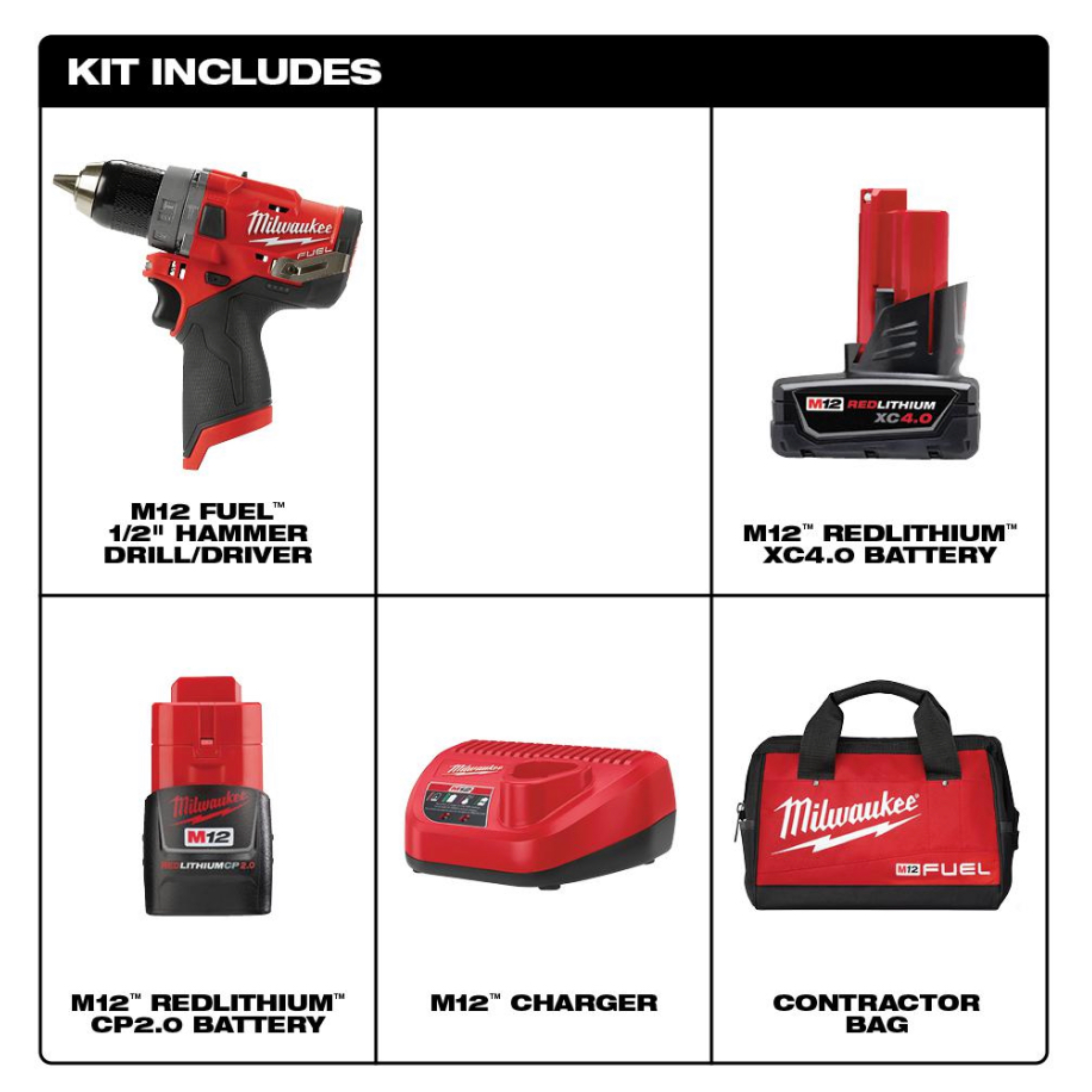 Milwaukee M12 FUEL 12-Volt Lithium-Ion Brushless Cordless Hammer Drill Driver Kit w/ 2 Batteries and Bag