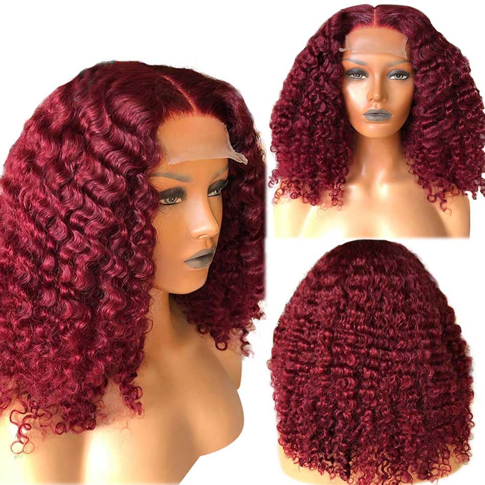 Tuneful 210% Density 4x4 Lace Closure Wigs Short Curly Burgundy Colore ...