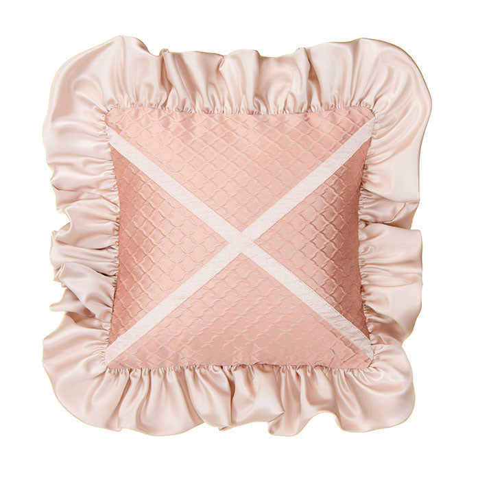 Angelica Baby Pillow- Pink Damask w Cream Damask Ruffle