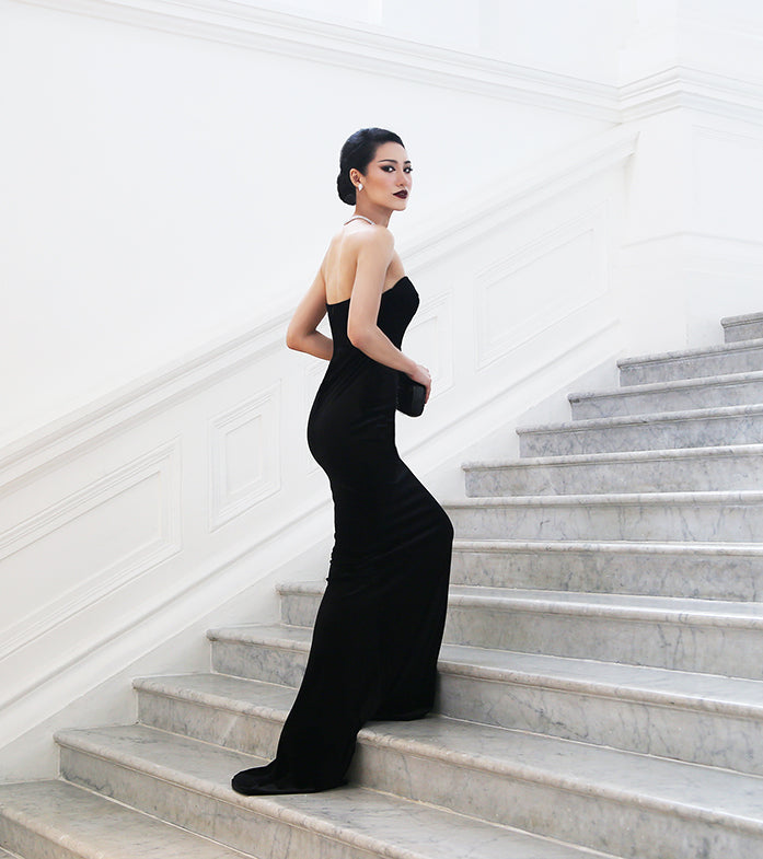 Designer black bustier evening gown