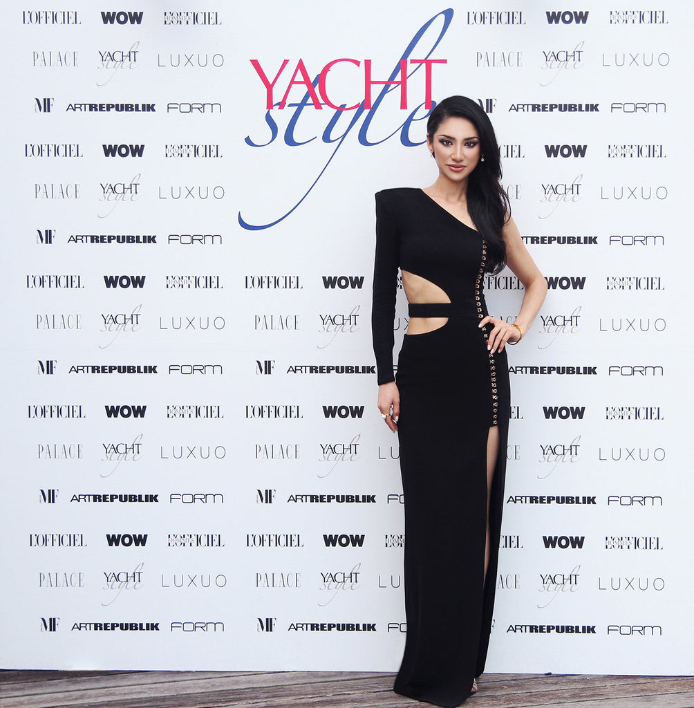 Black cut out evening gown, Singapore yacht show fashion