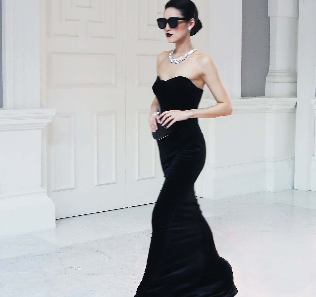 Designer black bustier evening gown