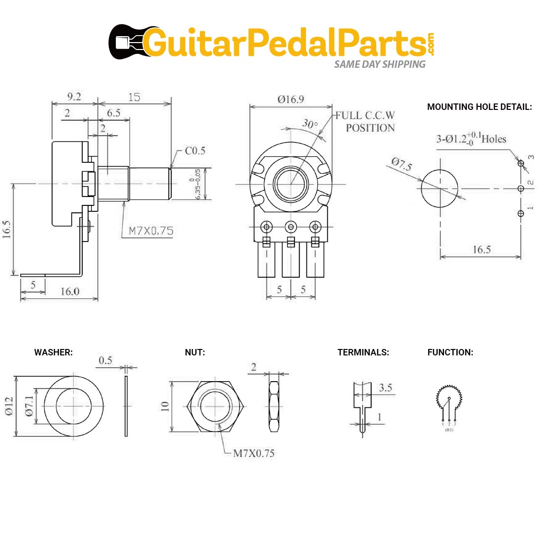 B1K 16mm Potentiometer, Round Shaft, Right Angle PCB Pins