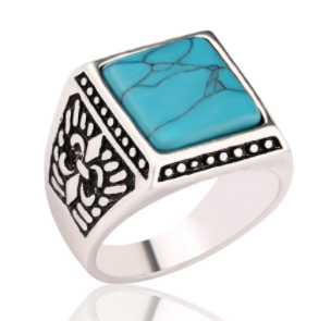 Buy Square Turquoise engraved real stone sterling plated ring Bulk Price