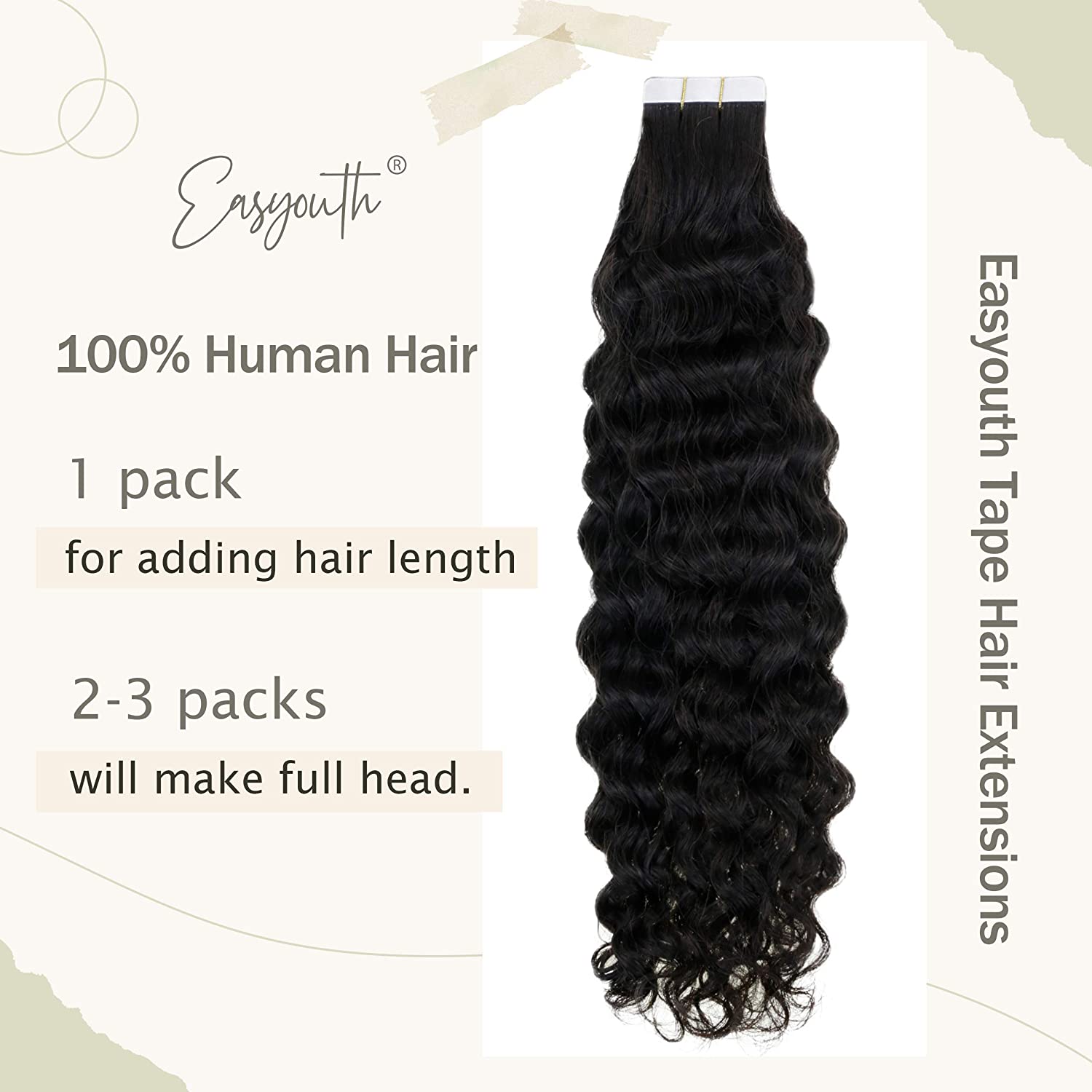 Easyouth Tape in Curly Hair Extensions Human Hair Natural Wave #1BNW