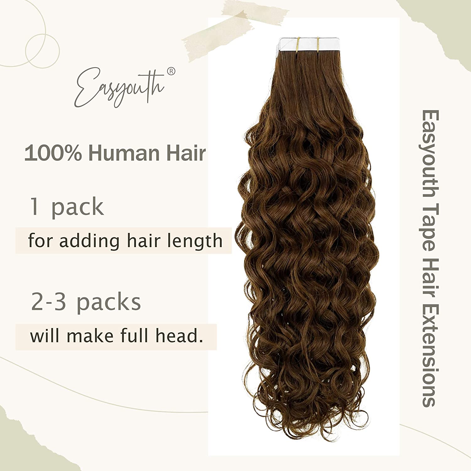 Easyouth Tape in Curly Hair Extensions Human Hair Natural Wave #4NW
