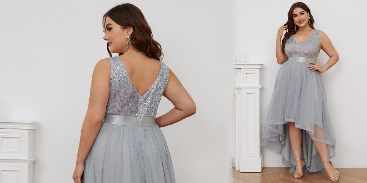 Plus Size Sequin V-Neck Sleeveless High Low Evening Dress