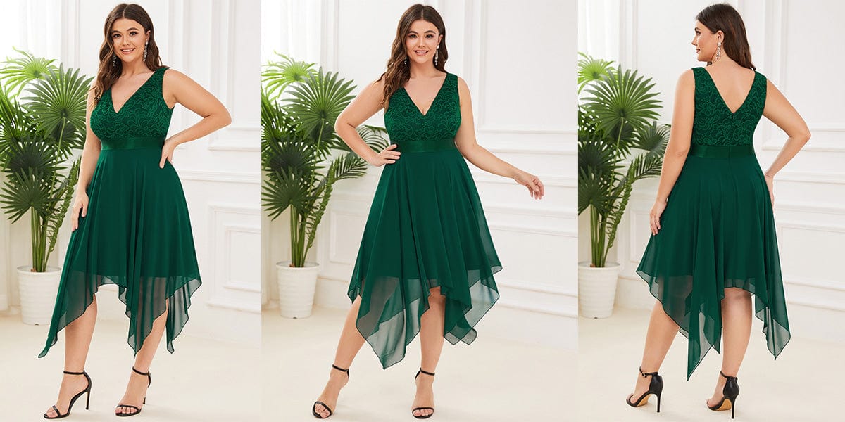 Plus Size Stunning V Neck Lace & Chiffon Prom Dress for Women