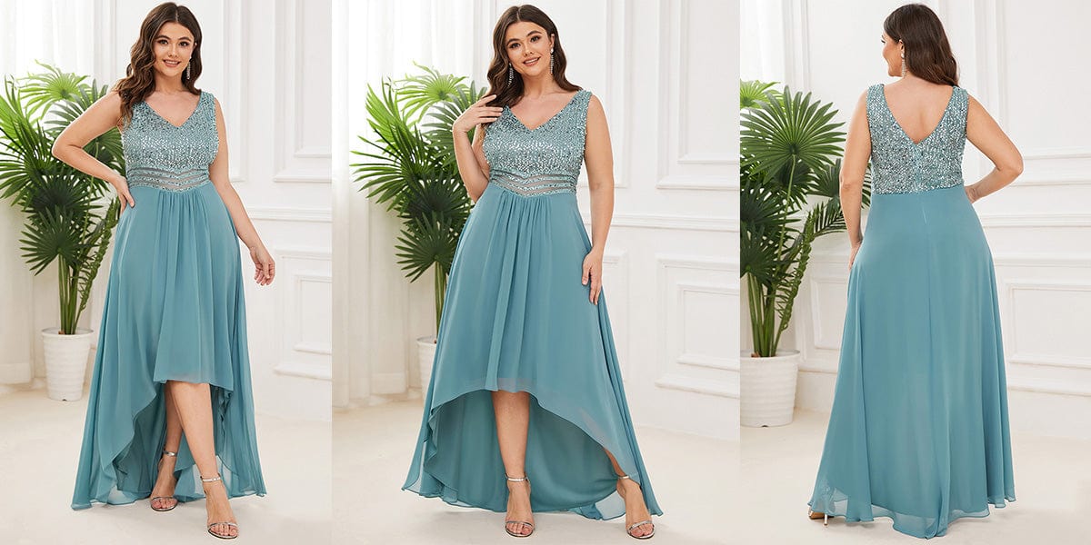 Elegant Paillette & Chiffon V-neck A-line Sleeveless Plus Size Evening Dresses