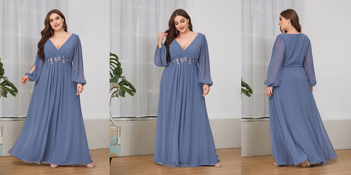 Stylish Chiffon Plus Size Evening Dresses with Long Lantern Sleeves