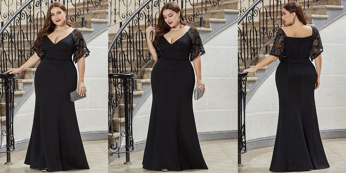 Elegant Plus Size V Neck Fishtail Evening Dress for Women