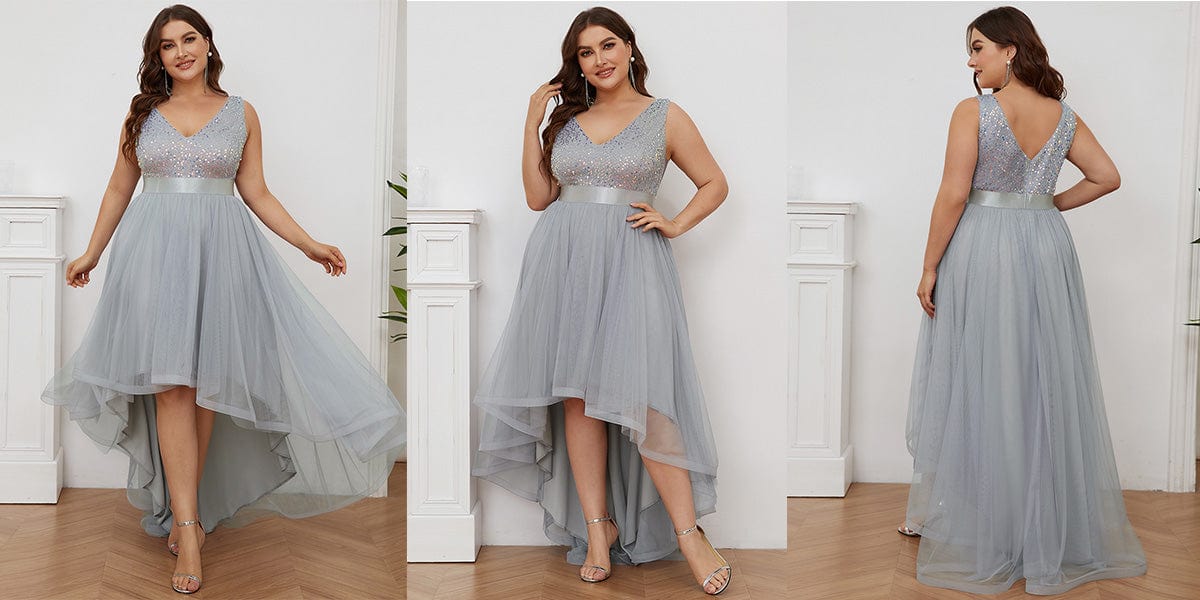 Plus Size Sequin V-Neck Sleeveless High Low Evening Dress