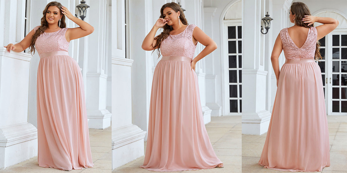 Plus Size Classic Round Neck V Back A-Line Chiffon Dresses with Lace