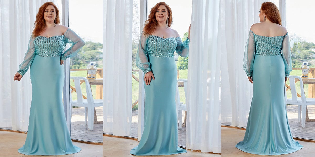 Off the Shoulder Plus Size Sequin Evening Gowns With Tulle Sleeve