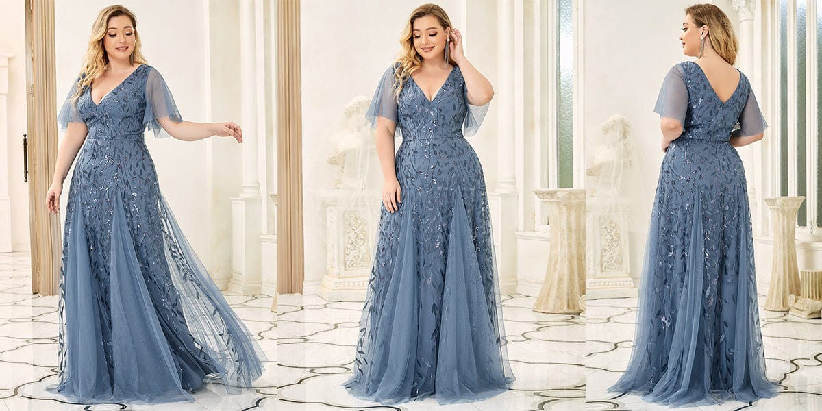 Plus Size romantic shimmery v neck ruffle sleeves evening gown