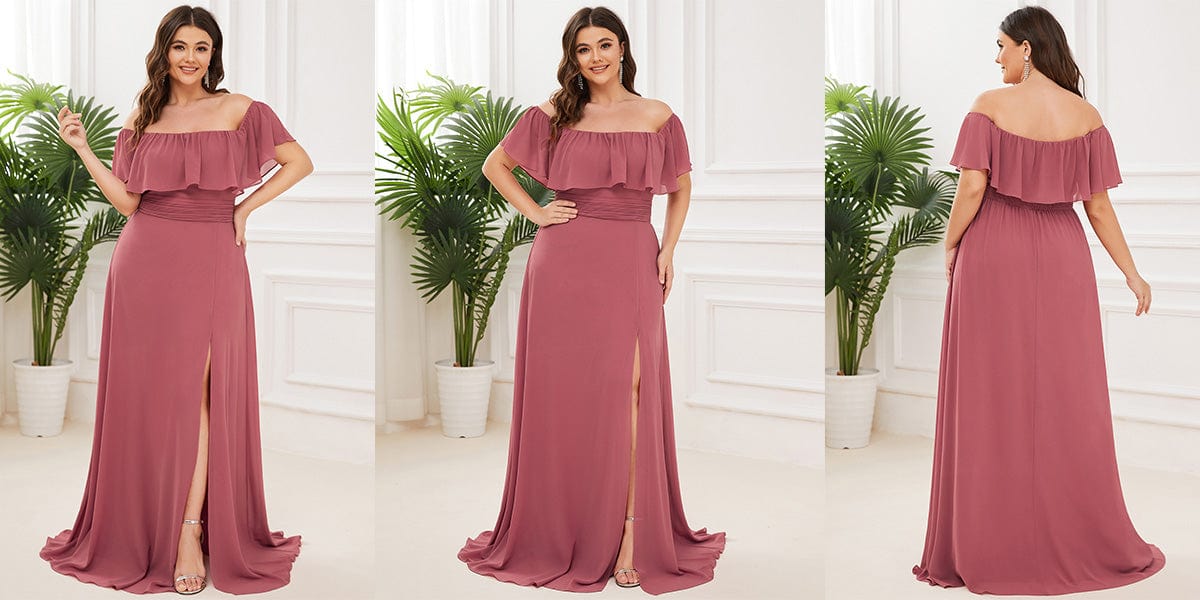 Off-The-Shoulder Ruffle Thigh Split Plus Size Bridesmaid Dress