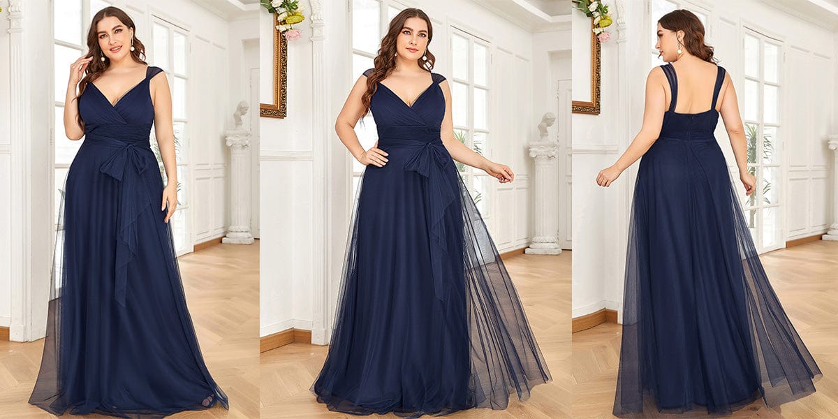 Plus Size Maxi Long Double V Neck Tulle Dress
