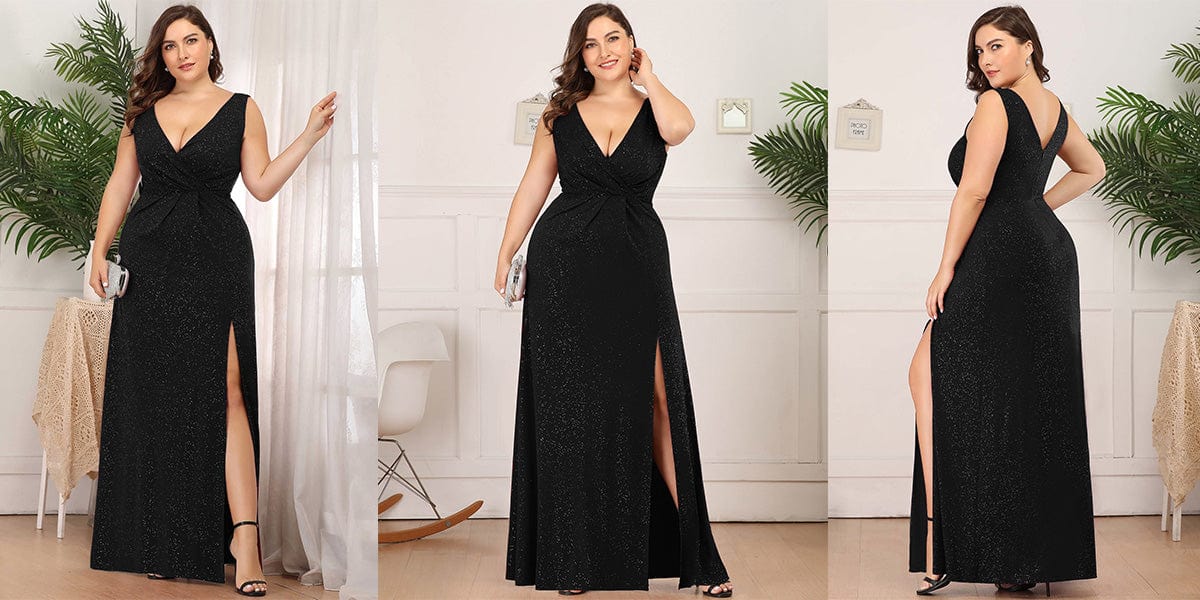 Shiny V Neck Floor Length Plus Size Evening Dress with Side Split