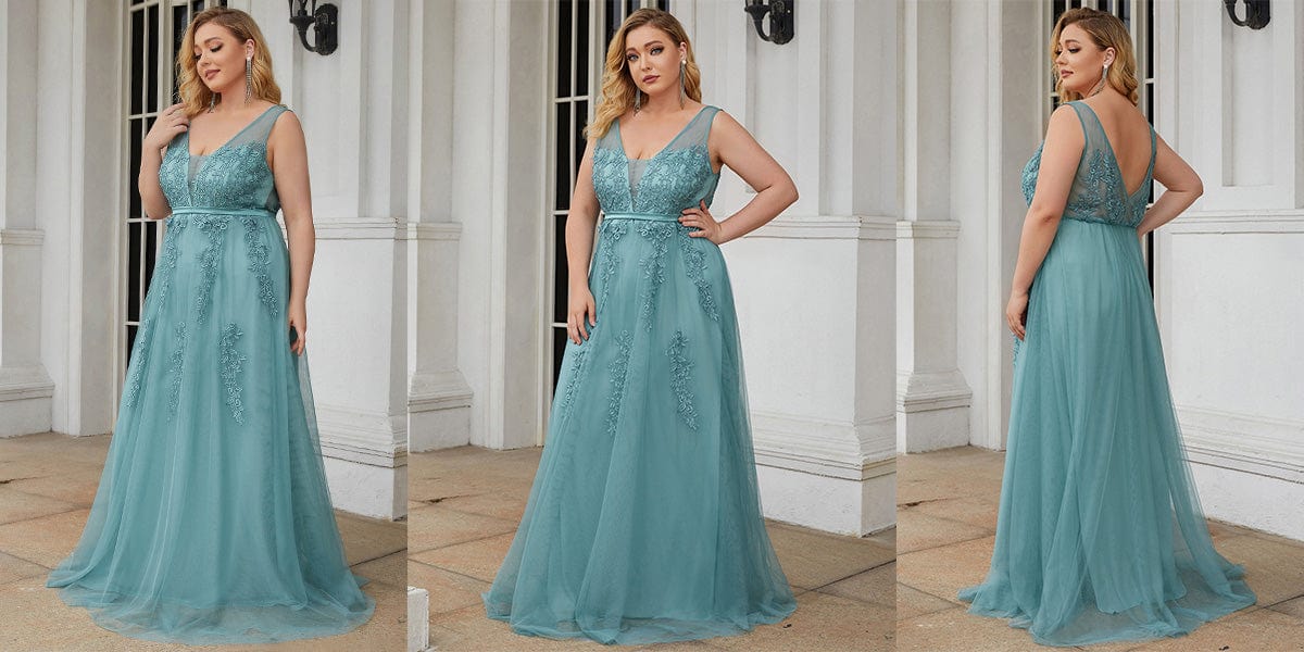 Plus Size Elegant Sleeveless Applique Flowy Tulle Evening Dress