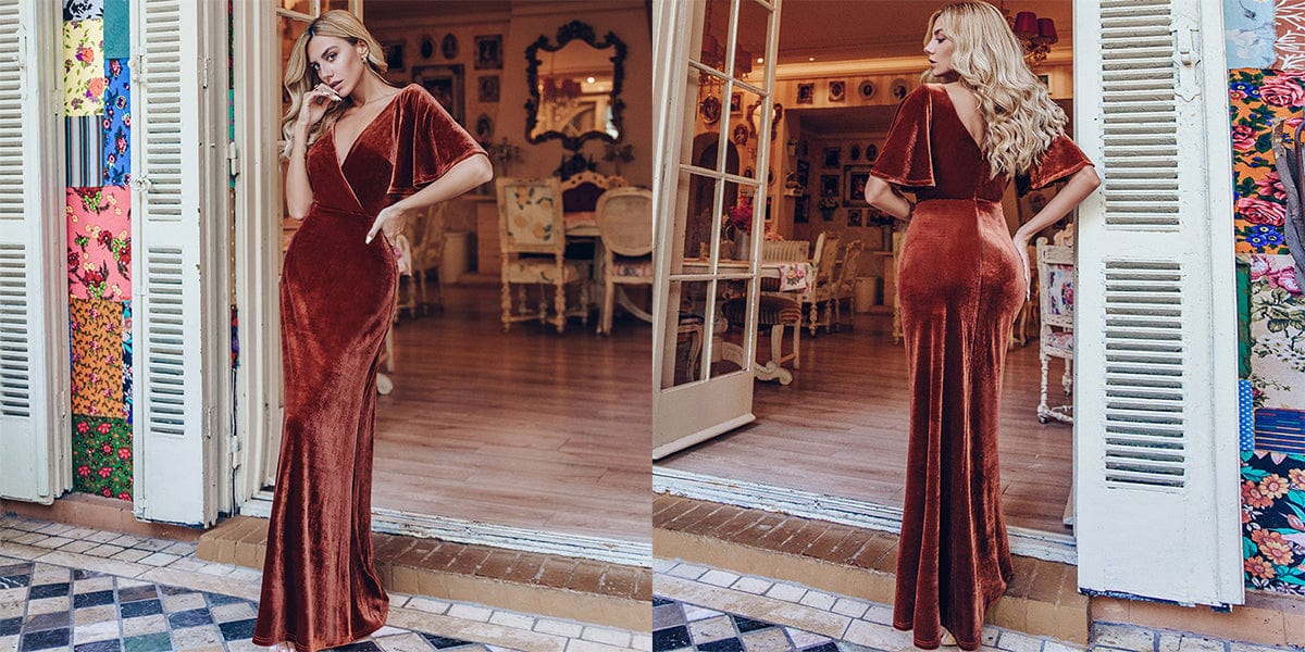 Elegant Double V Neck Velvet Burgundy Party Dress for Women