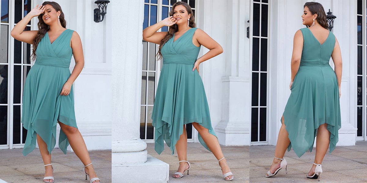 Plus Size Knee Length Asymmetrical Hem Chiffon Dress