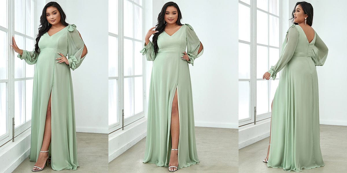 Plus Size Split Long Sleeve V-Neck Bridesmaid Dress