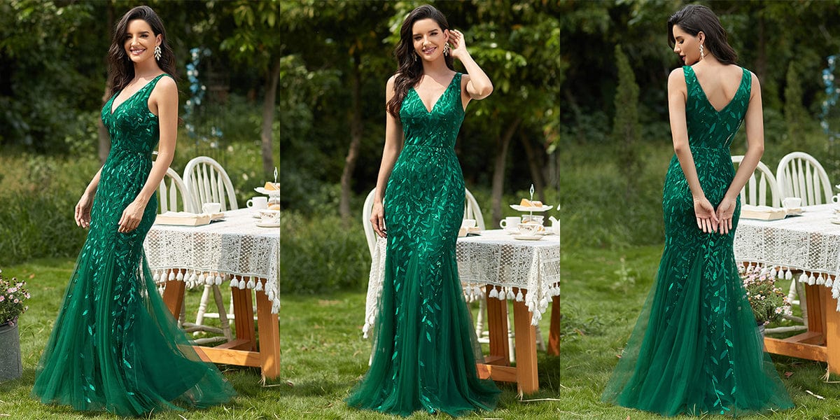 Women's V-Neck Seuqin Memaid Dark Green Maxi Party Dress