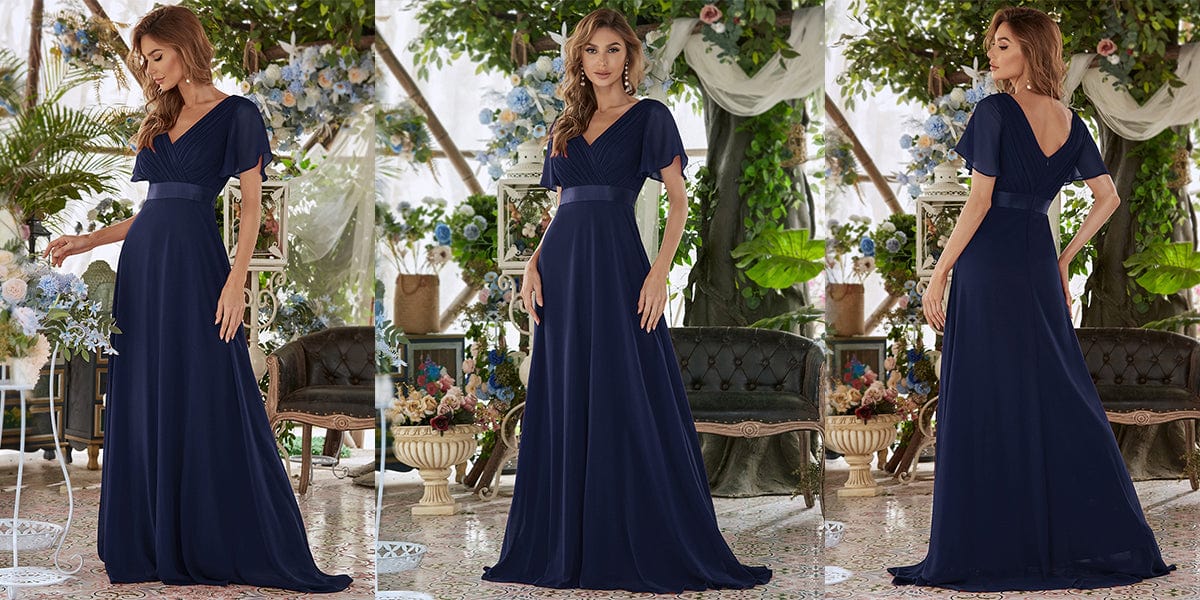 Long Empire Waist Bridesmaid Dress with Short Flutter Sleeves