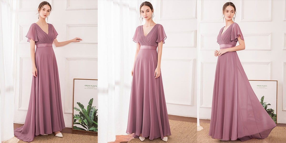 Waist Evening Dress with Short Flutter Sleeves