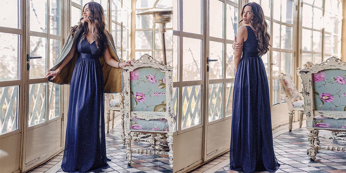 Elegant V Neck Maxi Long Sparkly Navy Blue Party Dress