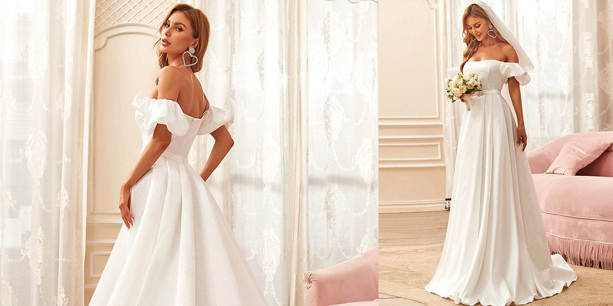 off shoulders puff sleeves princess wedding dress