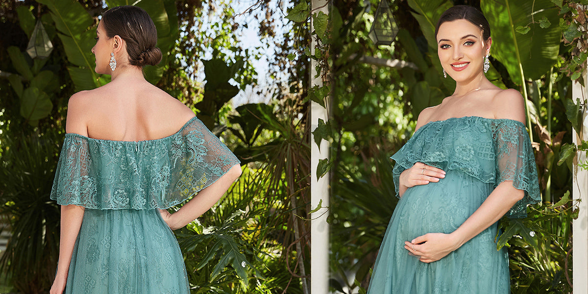 Off Shoulder Sheer Pleated Lace A-line Maternity Dress