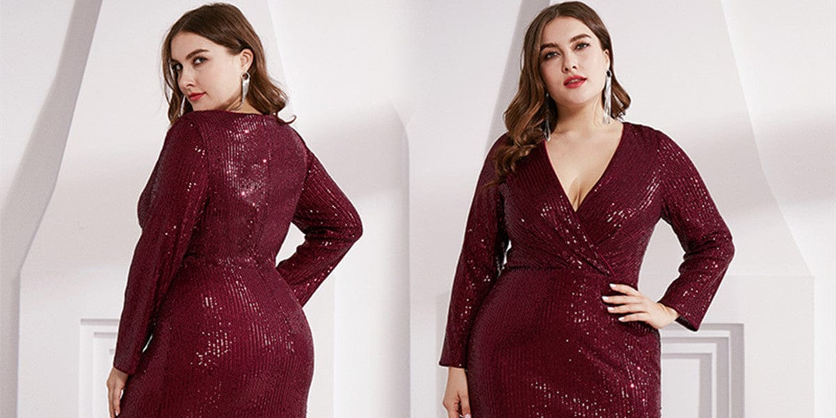 Shiny V Neck Plus Size Sequin Evening Party Dress with Long Sleeve