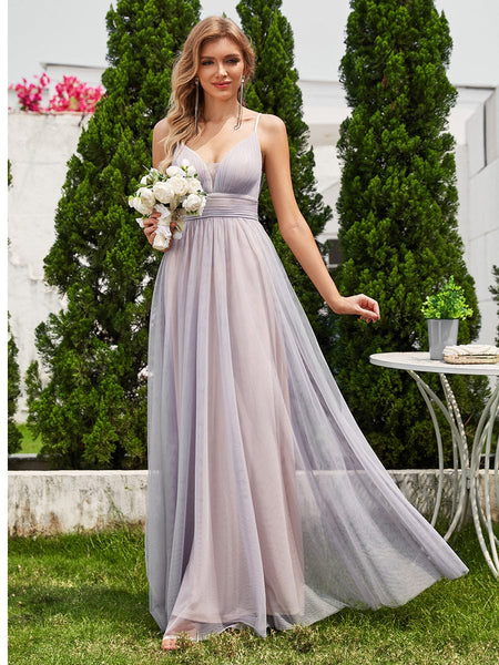 Deep V-Neck Pleated Tulle Maxi Bridesmaid Dress